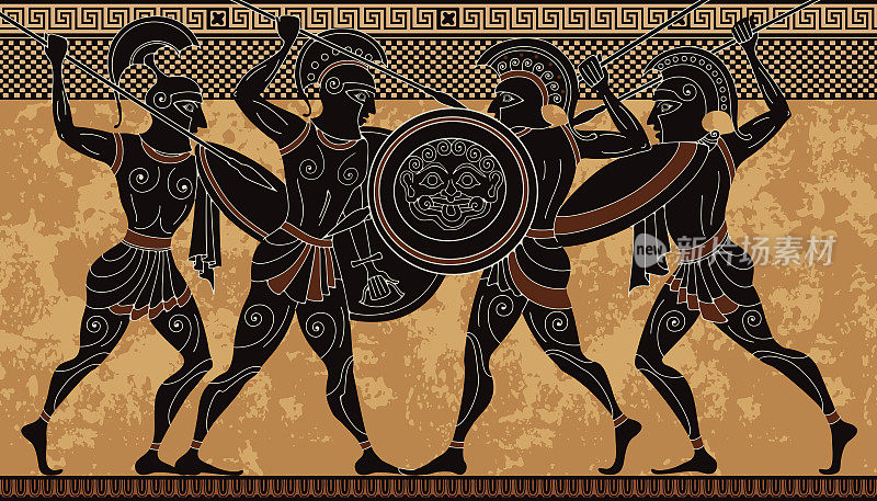 Ancient greece warrior.Black figure pottery.Ancient greek scene banner.Hero,spartan,myth.Ancient civilization culture.